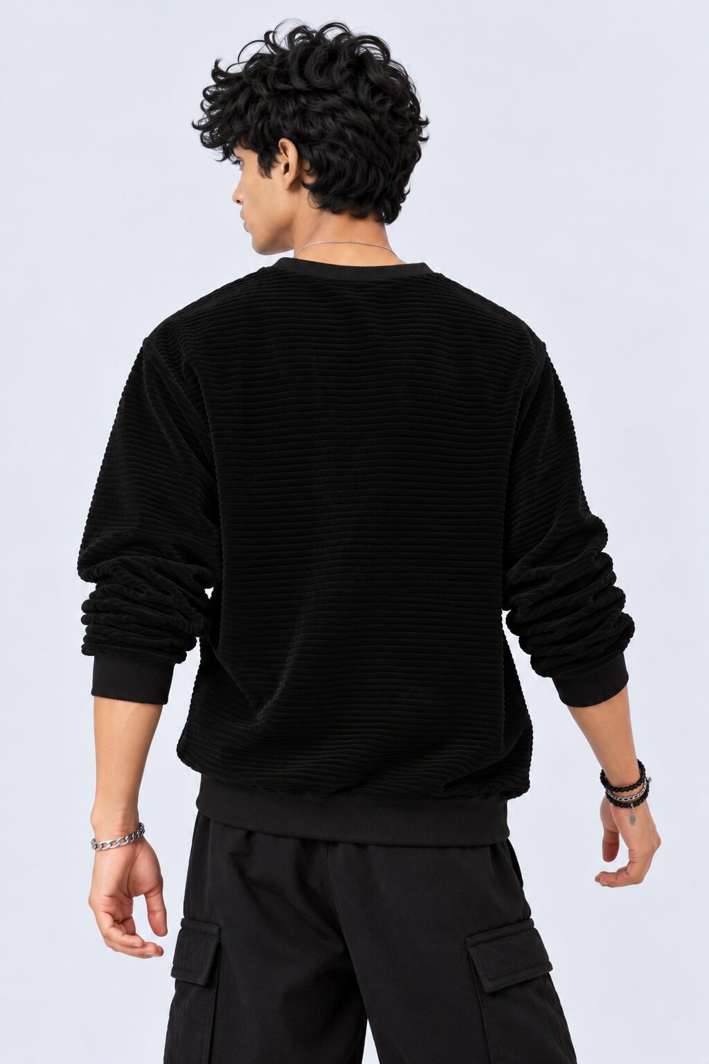 Mens Black Textured Crew Neck Sweatshirt - Image 5