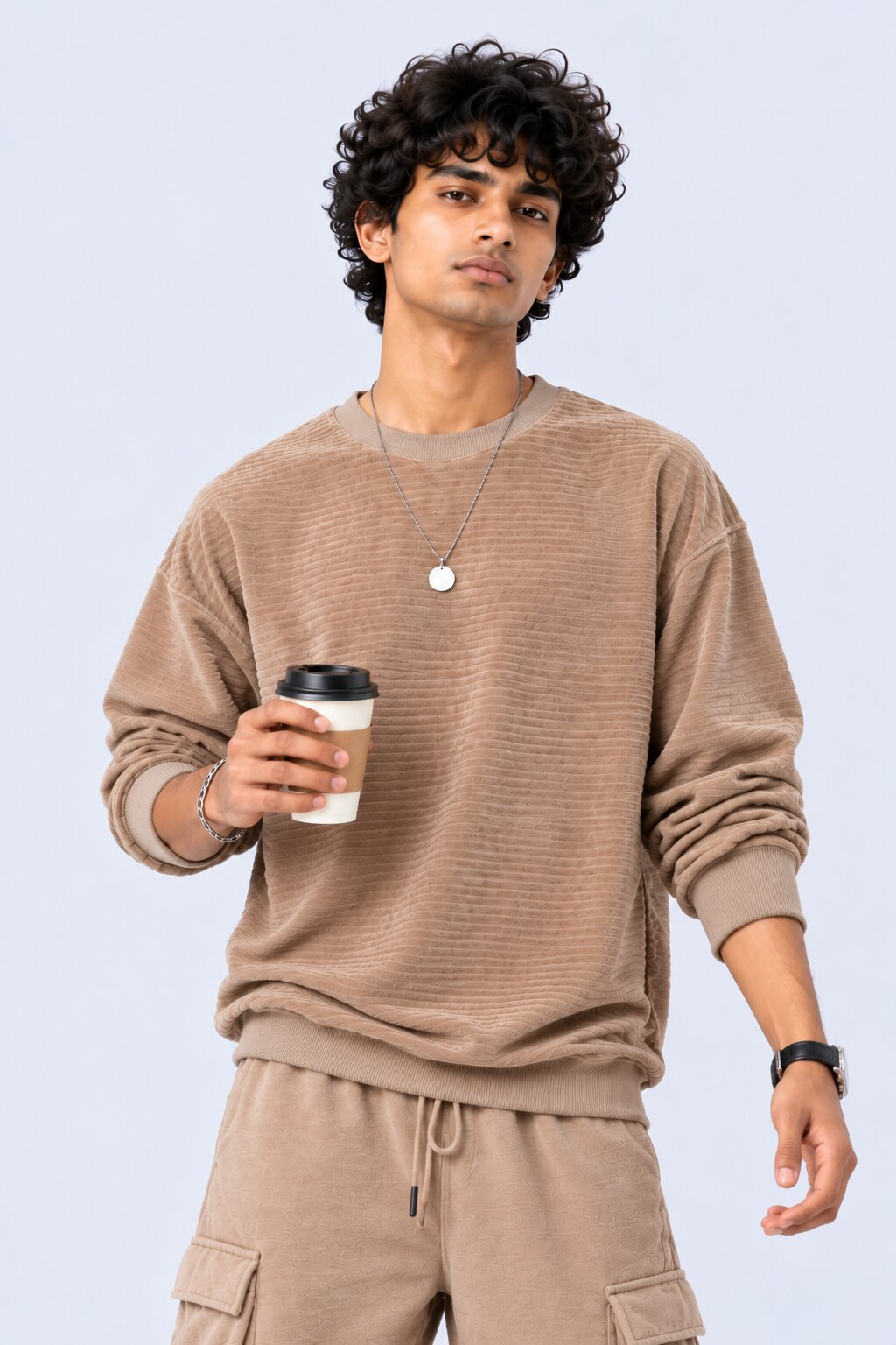 Mens Tan Textured Crew Neck Sweatshirt - Image 1