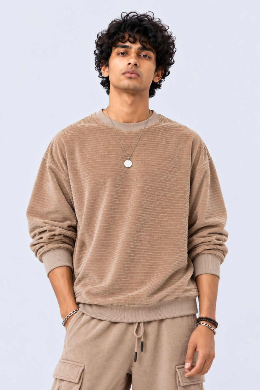 Mens Tan Textured Crew Neck Sweatshirt - Image 2