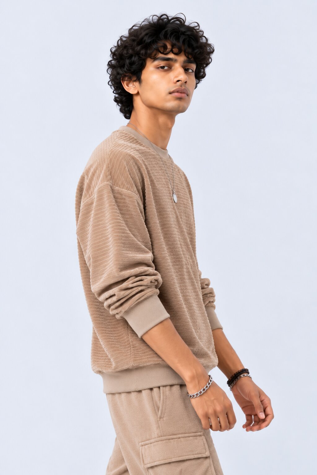 Mens Tan Textured Crew Neck Sweatshirt - Image 4