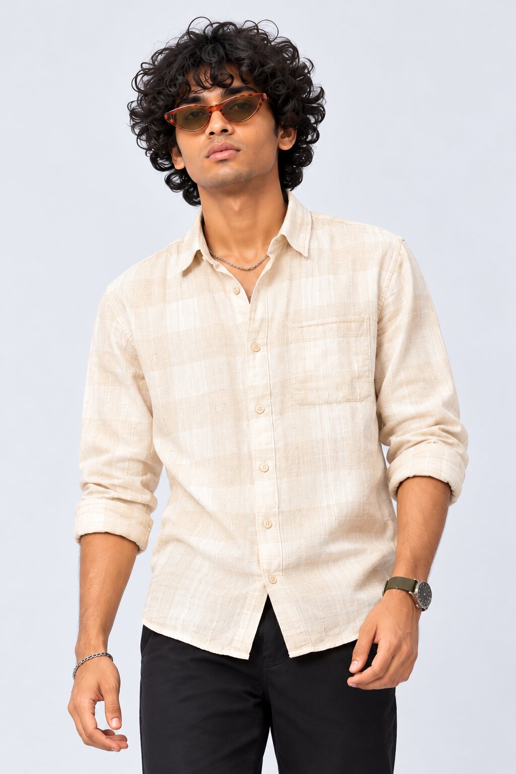 Mens Beige Checked Casual Cotton Blend Shirt - Image 1