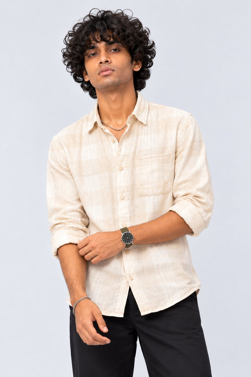 Mens Beige Checked Casual Cotton Blend Shirt - Image 2