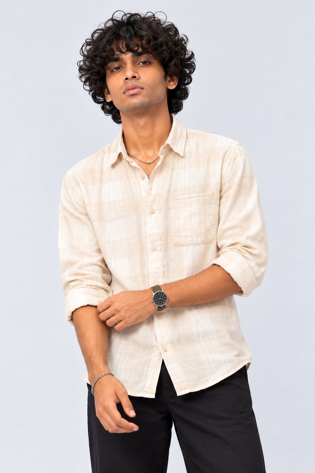 Mens Beige Checked Casual Cotton Blend Shirt - Image 2