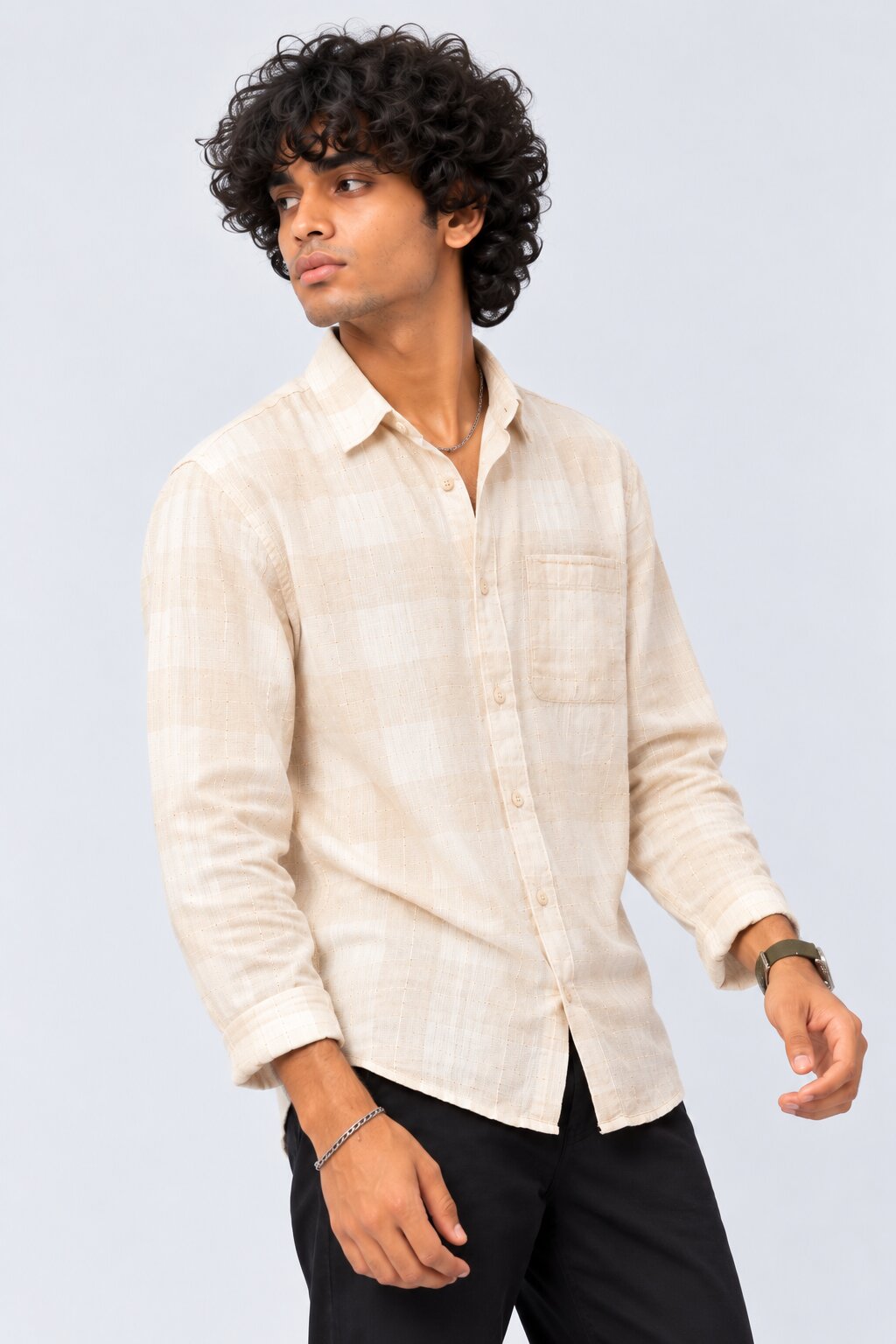 Mens Beige Checked Casual Cotton Blend Shirt - Image 4
