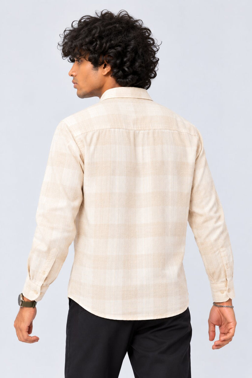 Mens Beige Checked Casual Cotton Blend Shirt - Image 5
