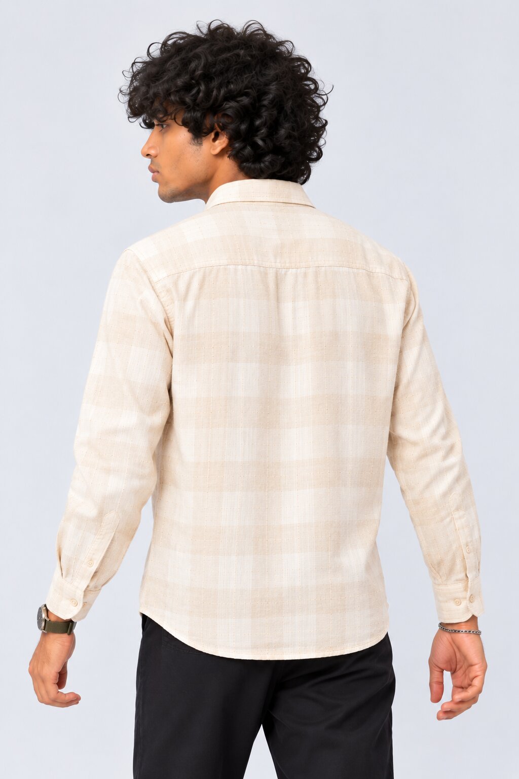 Mens Beige Checked Casual Cotton Blend Shirt - Image 5