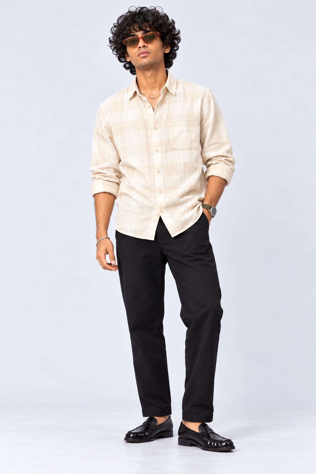 Mens Beige Checked Casual Cotton Blend Shirt - Image 6