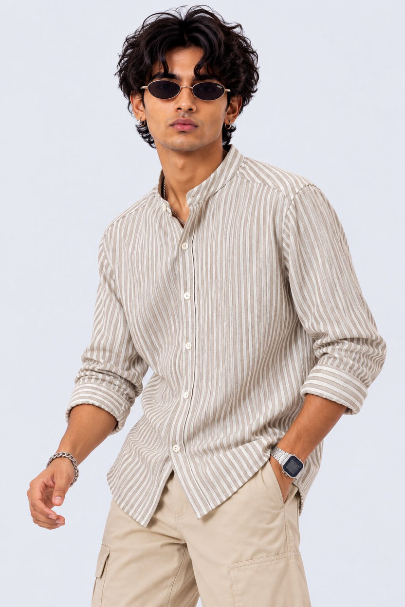 Mens Olive Striped Band Collar Shirt - Image 1