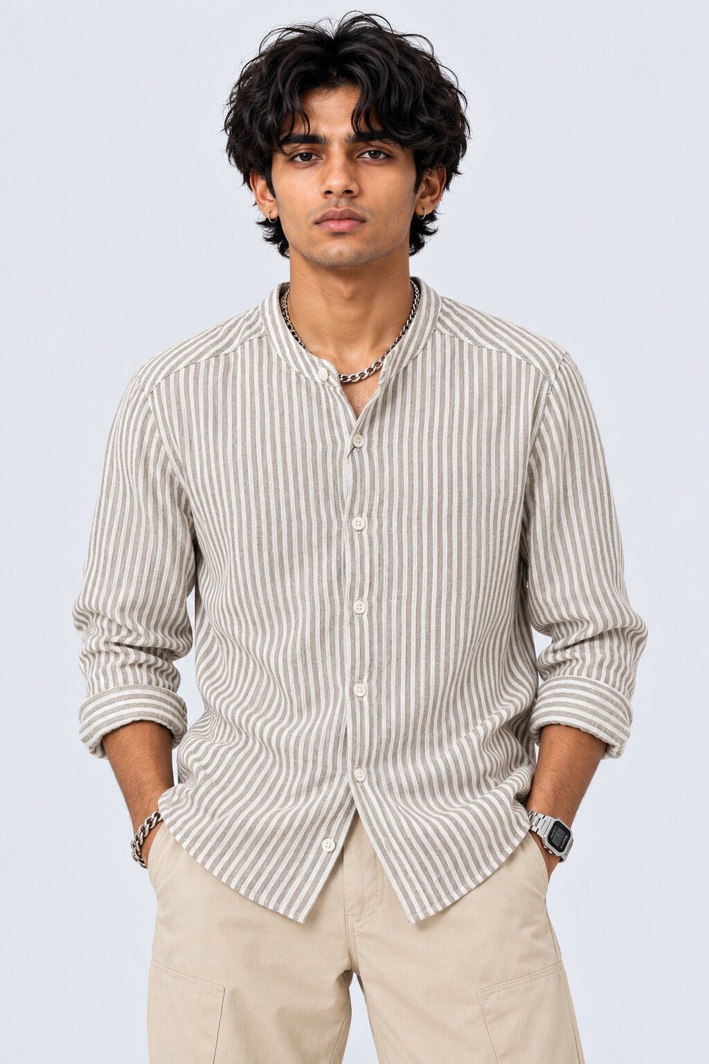 Mens Olive Striped Band Collar Shirt - Image 2