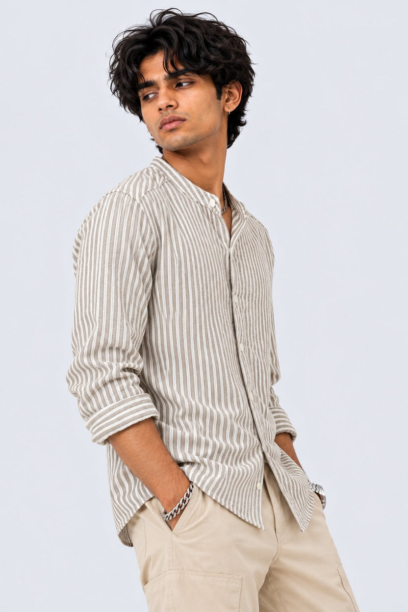 Mens Olive Striped Band Collar Shirt - Image 4