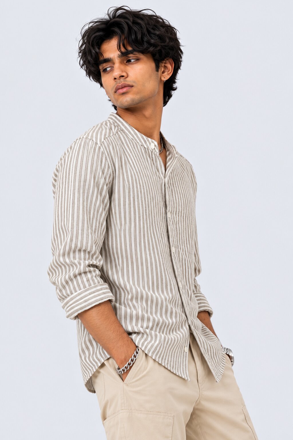 Mens Olive Striped Band Collar Shirt - Image 4