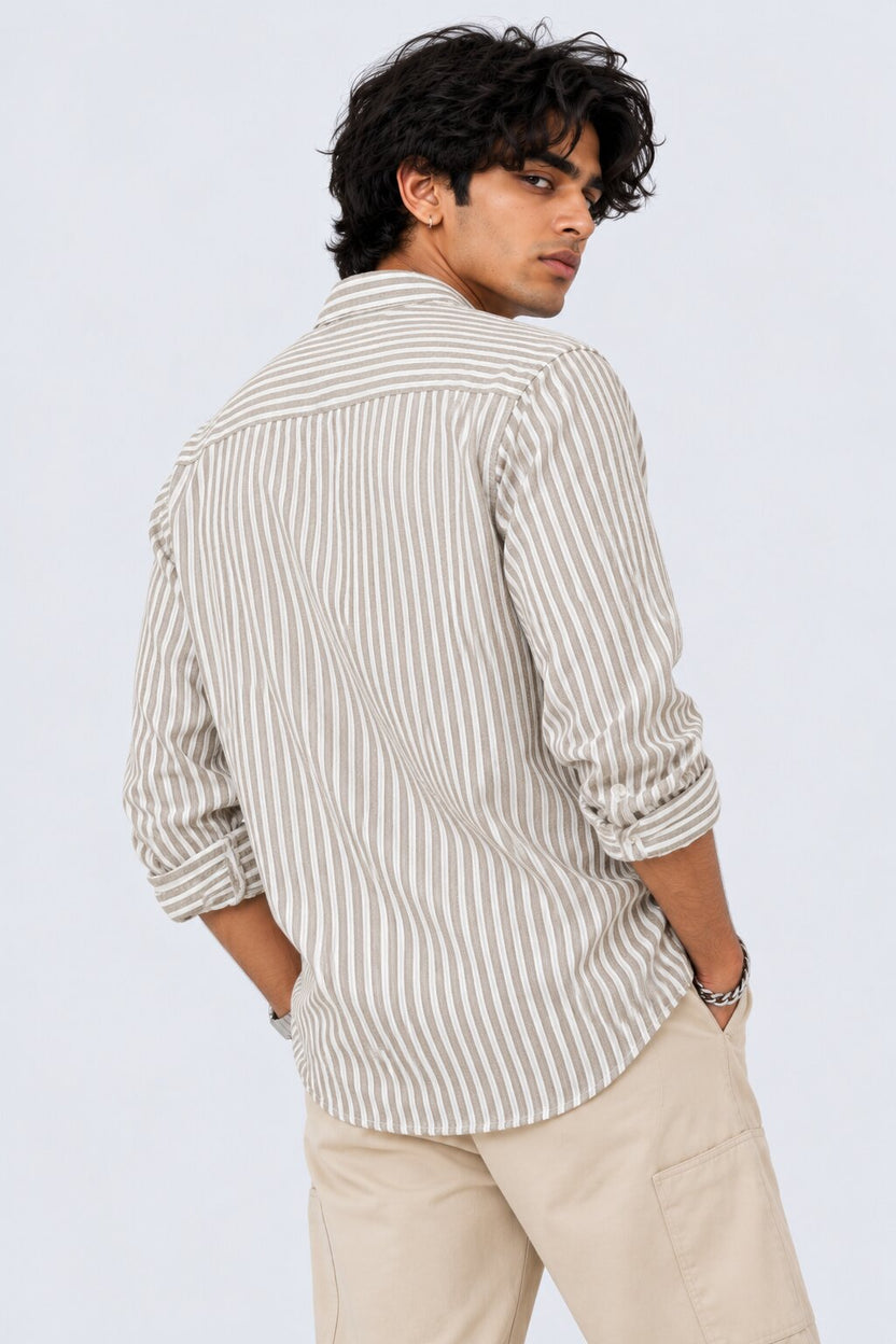 Mens Olive Striped Band Collar Shirt - Image 5