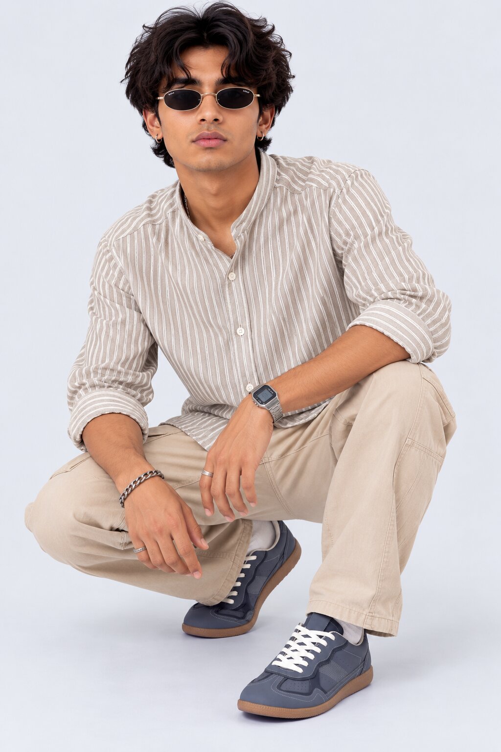Mens Olive Striped Band Collar Shirt - Image 6