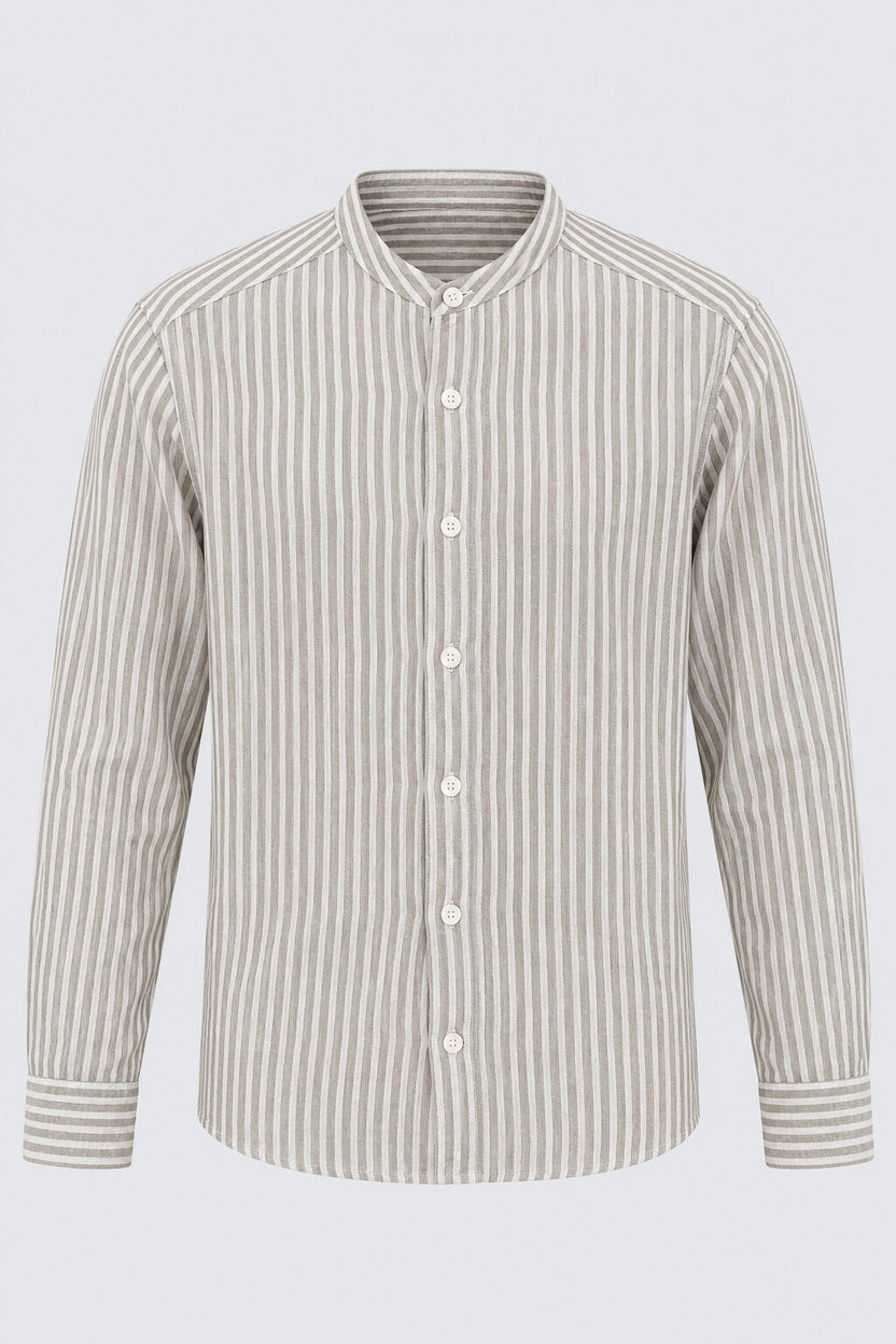 Mens Olive Striped Band Collar Shirt - Image 7