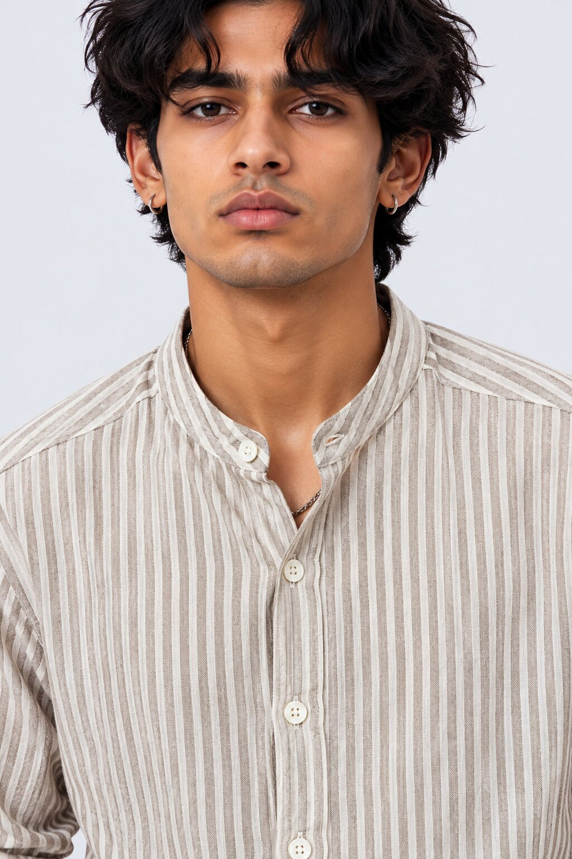 Mens Olive Striped Band Collar Shirt - Image 9