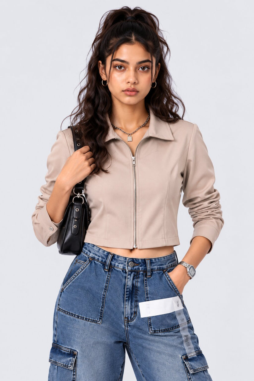 Womens Taupe Cropped Zip-Up Jacket - Image 1