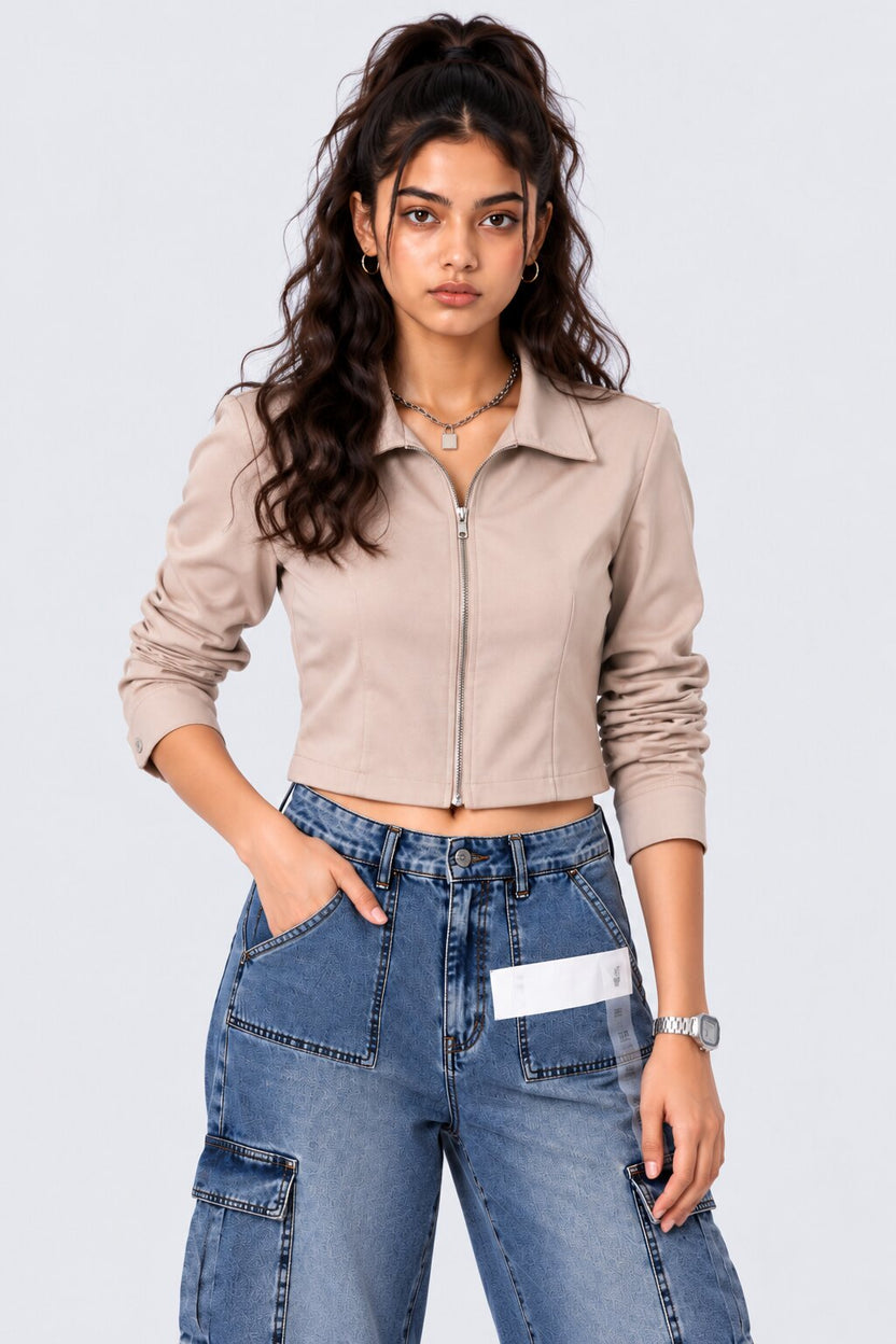Womens Taupe Cropped Zip-Up Jacket - Image 2