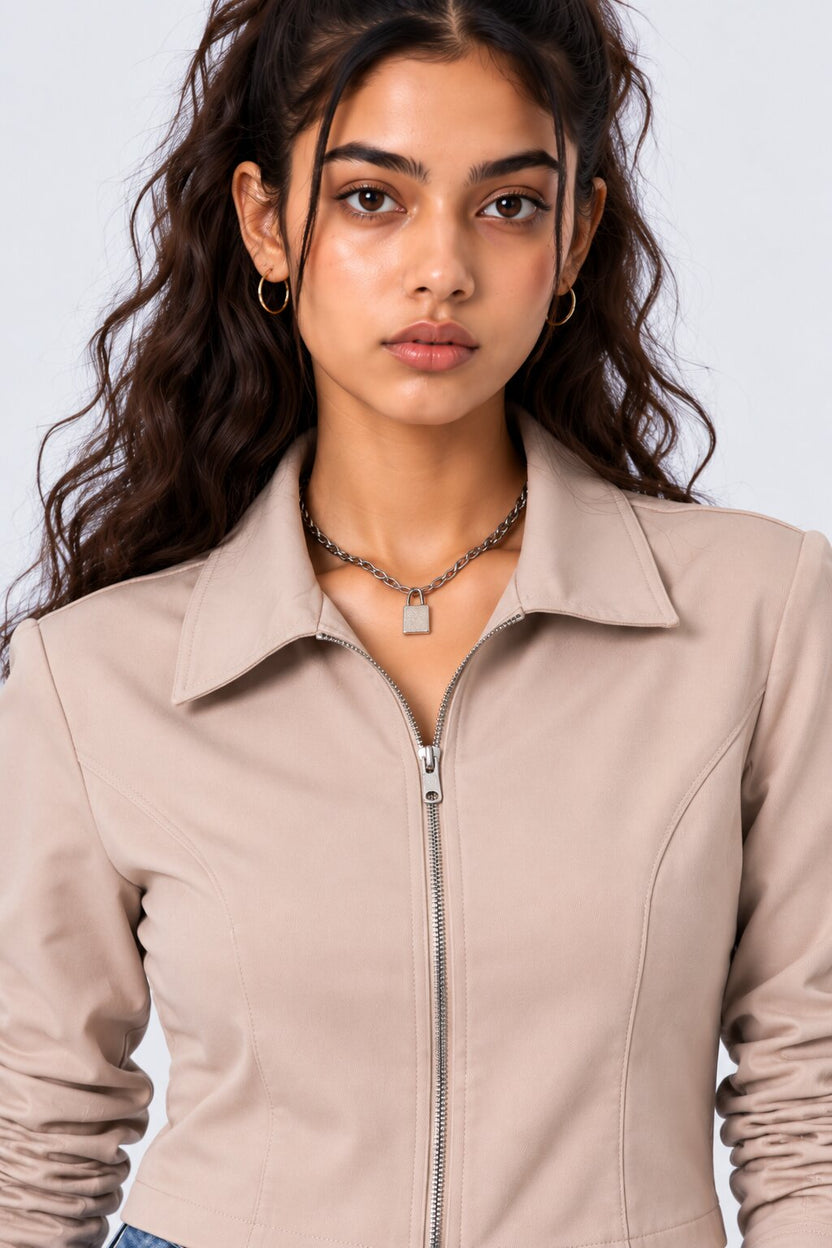 Womens Taupe Cropped Zip-Up Jacket - Image 3