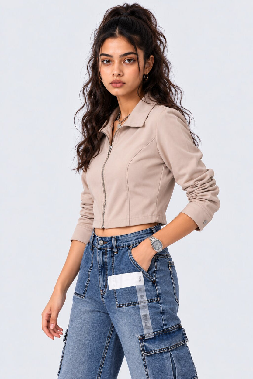 Womens Taupe Cropped Zip-Up Jacket - Image 4