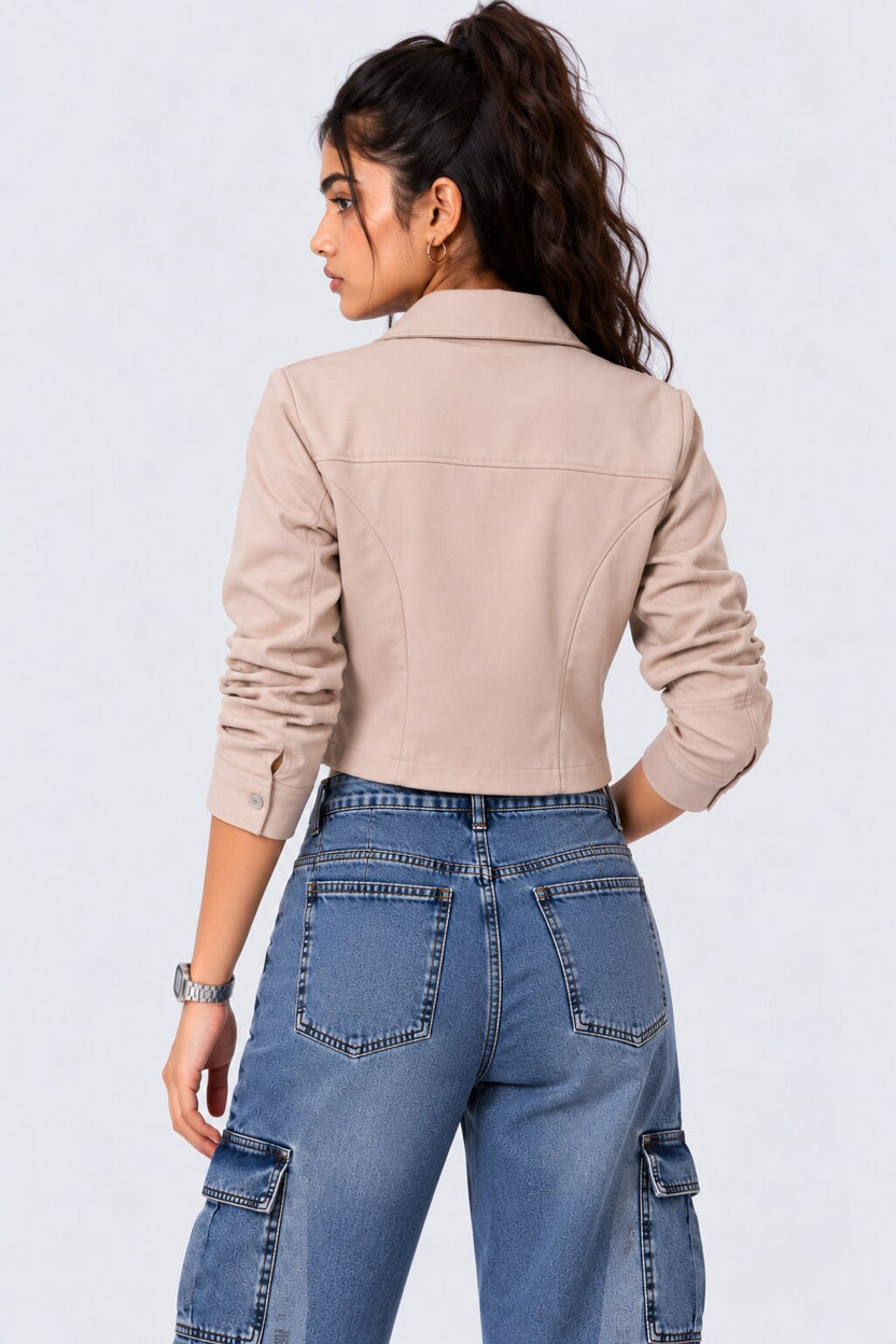 Womens Taupe Cropped Zip-Up Jacket - Image 5