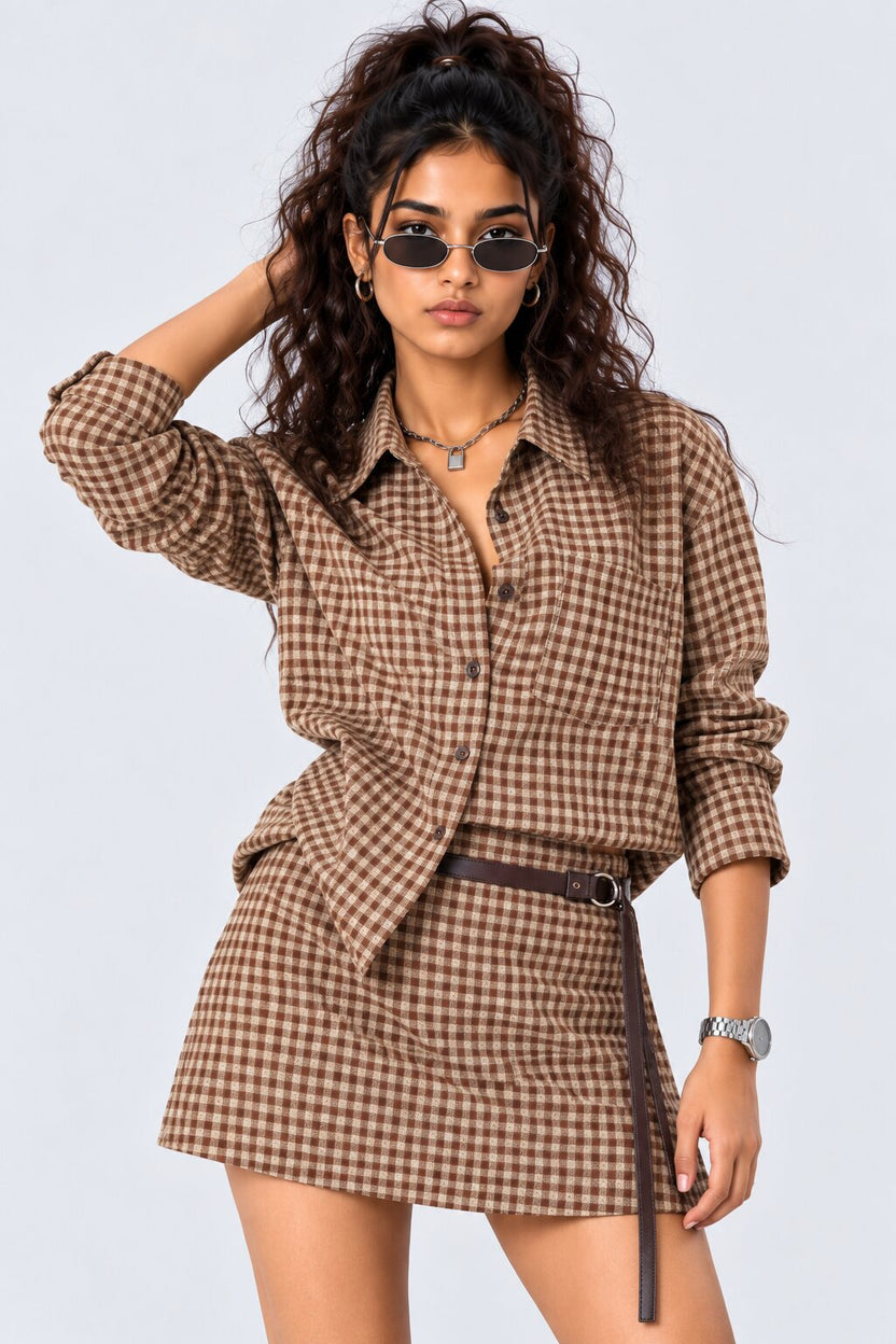Womens Brown Gingham Checked Casual Shirt - Image 1