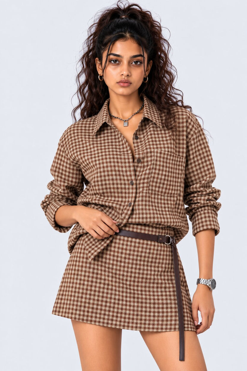 Womens Brown Gingham Checked Casual Shirt - Image 2