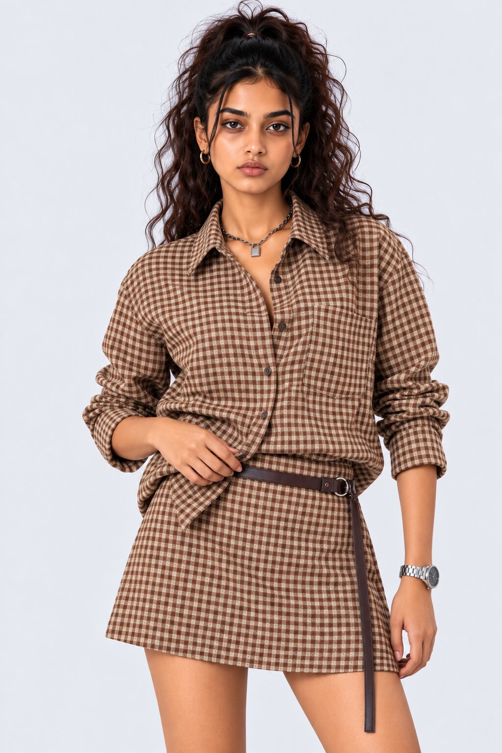 Womens Brown Gingham Checked Casual Shirt - Image 2
