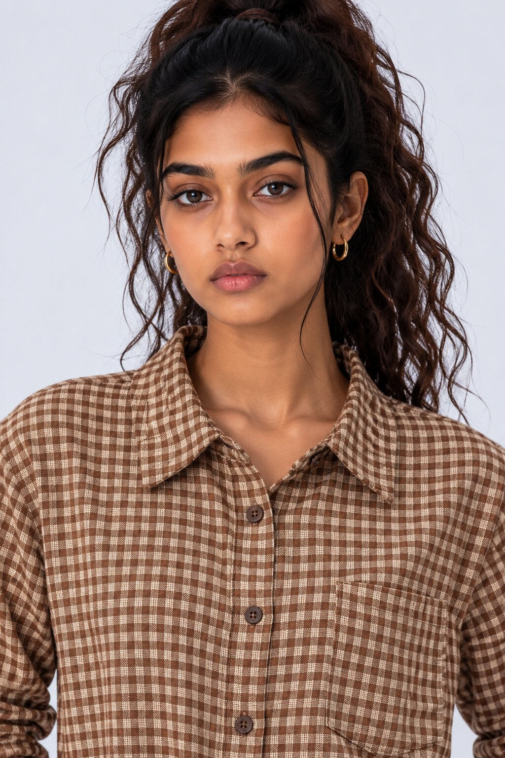 Womens Brown Gingham Checked Casual Shirt - Image 3