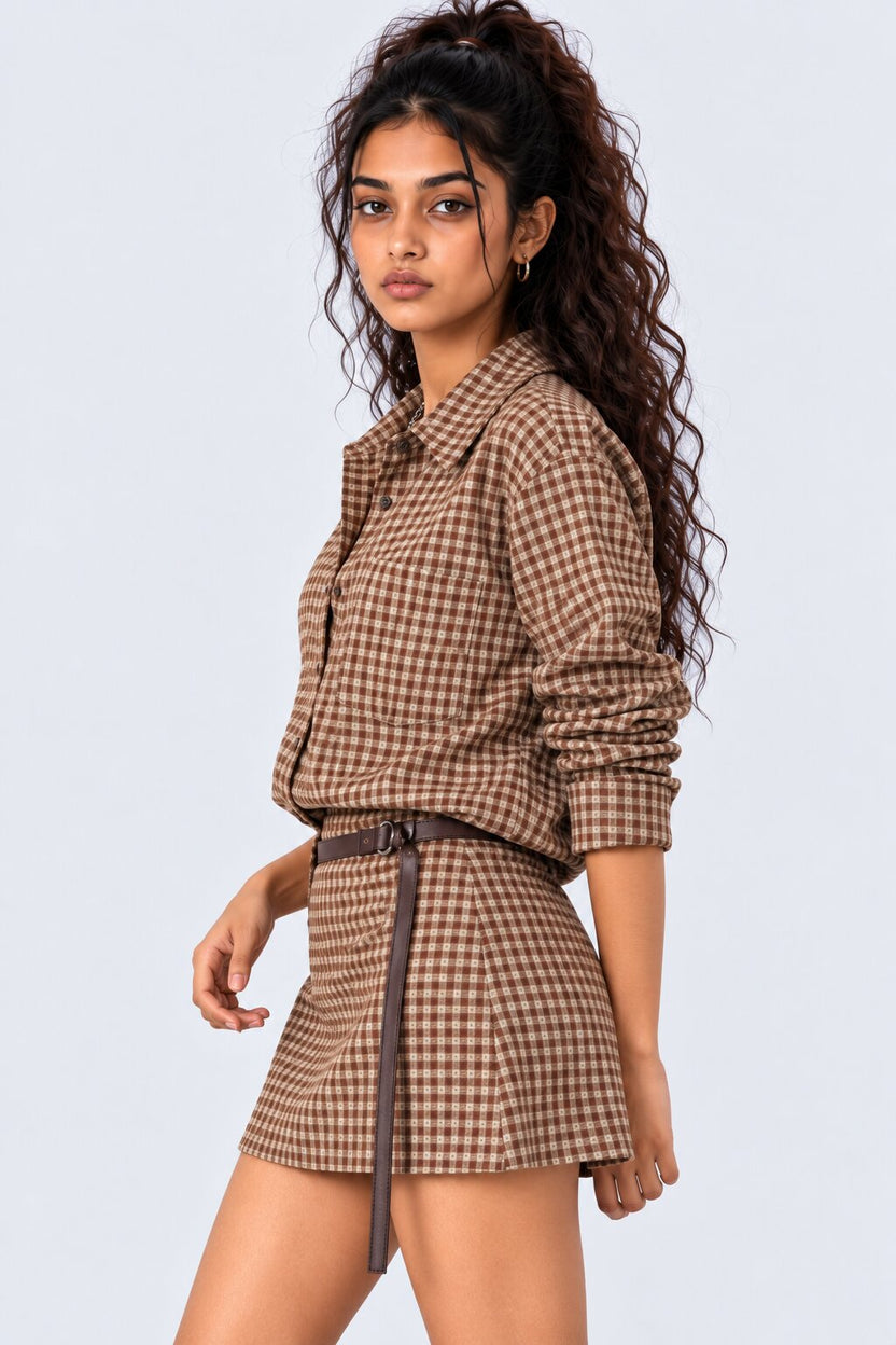 Womens Brown Gingham Checked Casual Shirt - Image 4