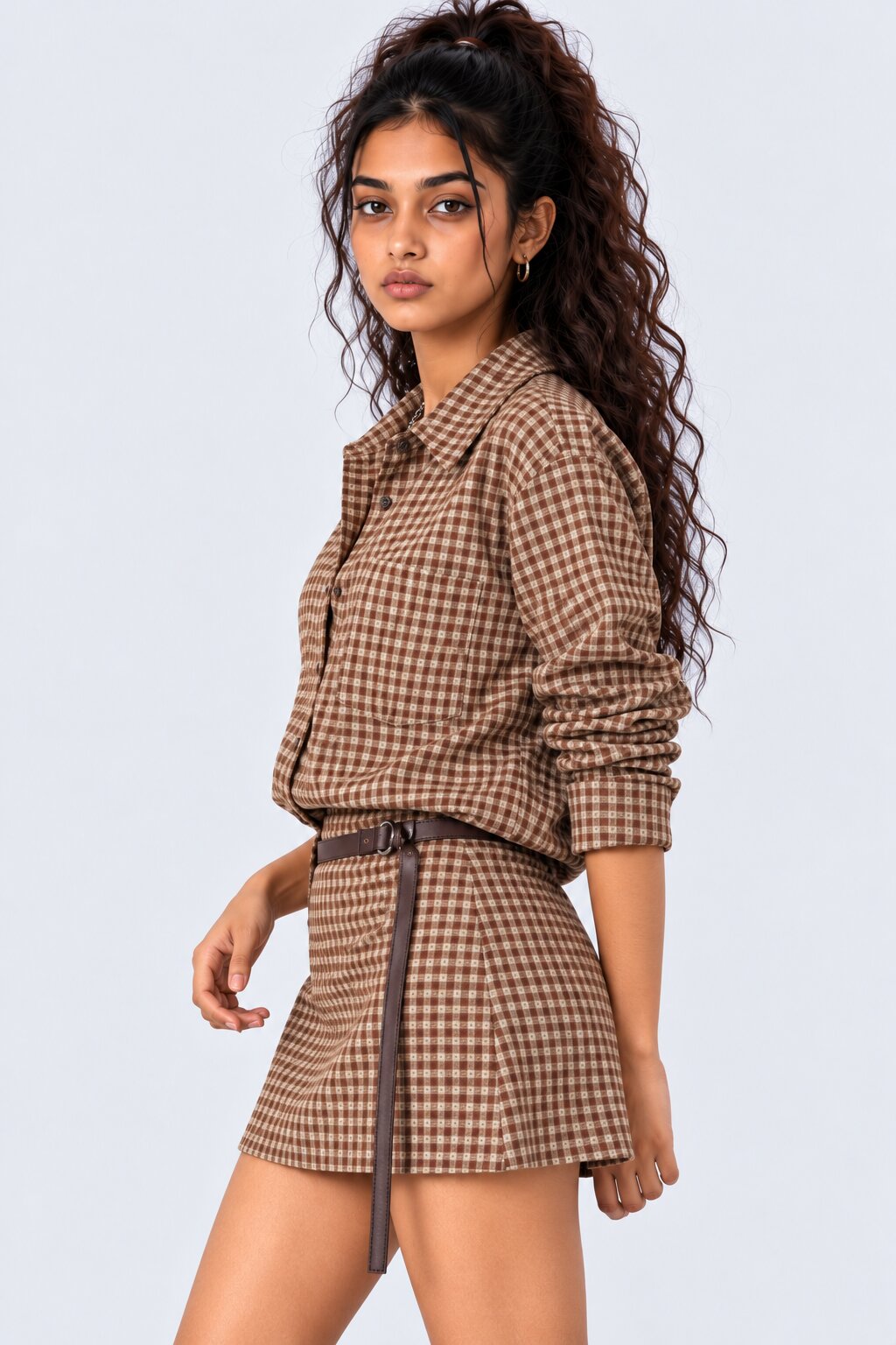 Womens Brown Gingham Checked Casual Shirt - Image 4
