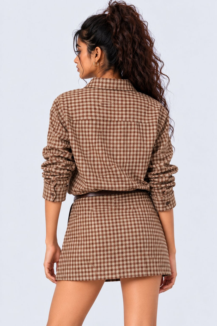Womens Brown Gingham Checked Casual Shirt - Image 5