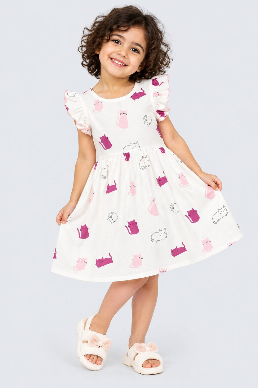 Girls White Cute Cat Print Dress - Image 1