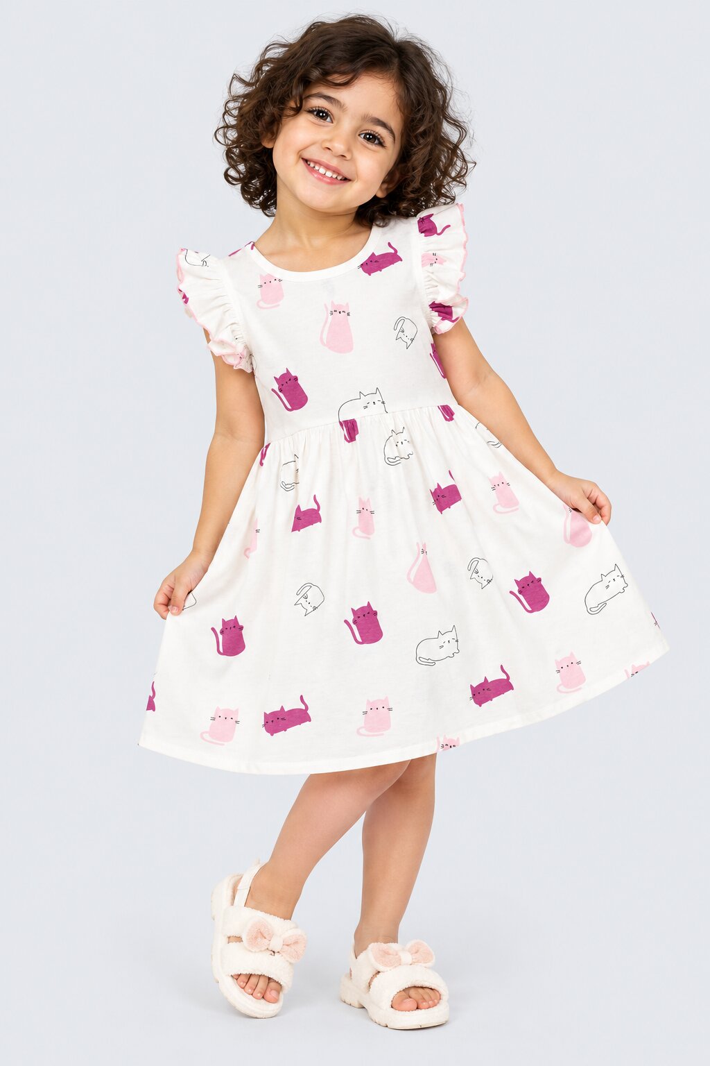 Girls White Cute Cat Print Dress - Image 1
