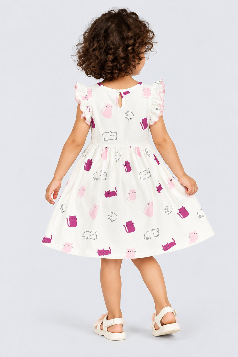 Girls White Cute Cat Print Dress - Image 3