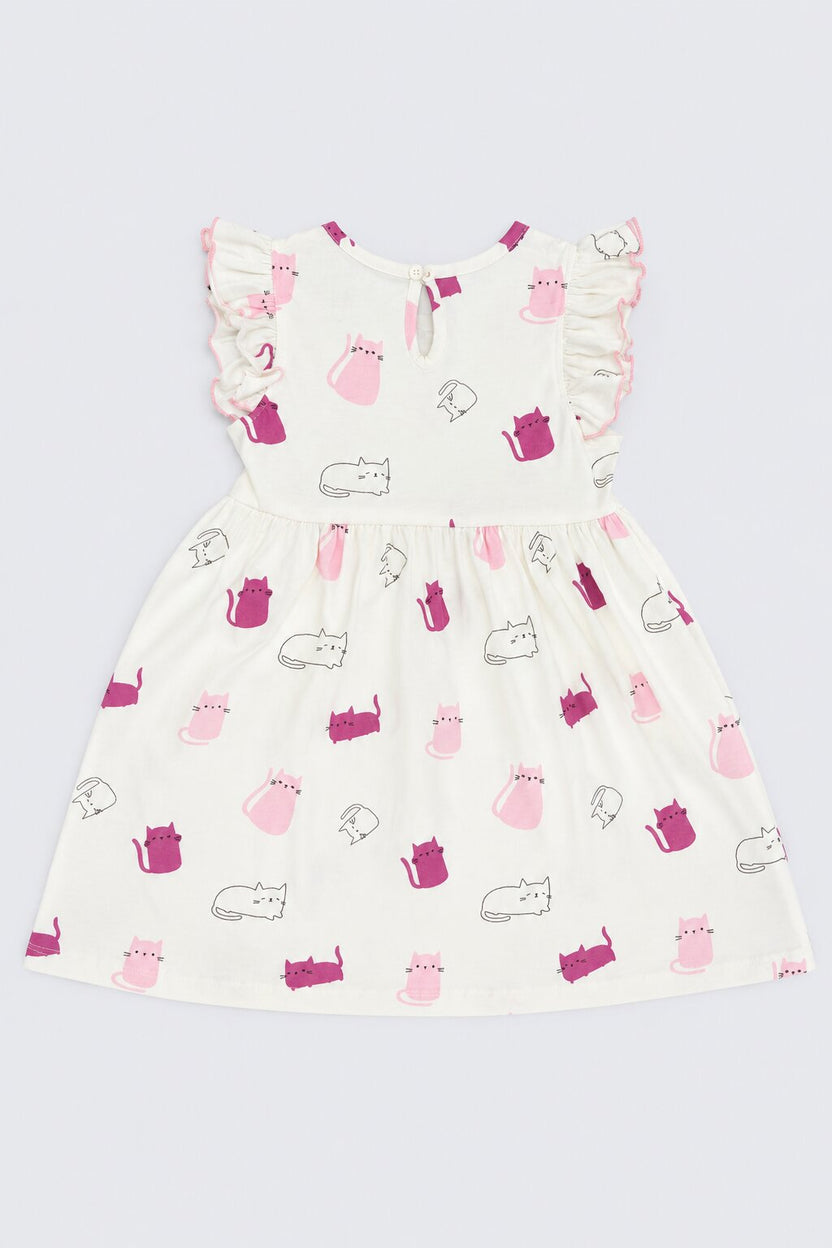 Girls White Cute Cat Print Dress - Image 4