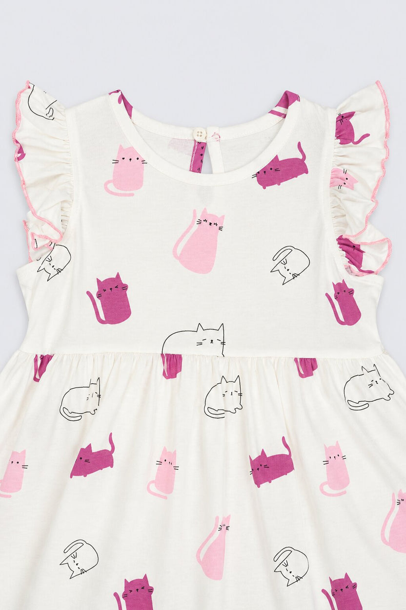 Girls White Cute Cat Print Dress - Image 6