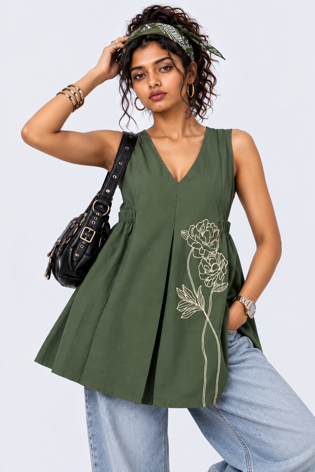 Womens Olive Floral Print Sleeveless Tunic - Image 1