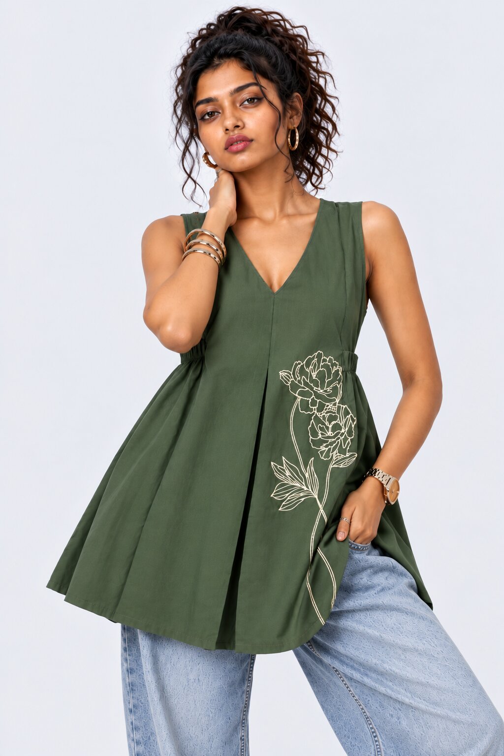 Womens Olive Floral Print Sleeveless Tunic - Image 2