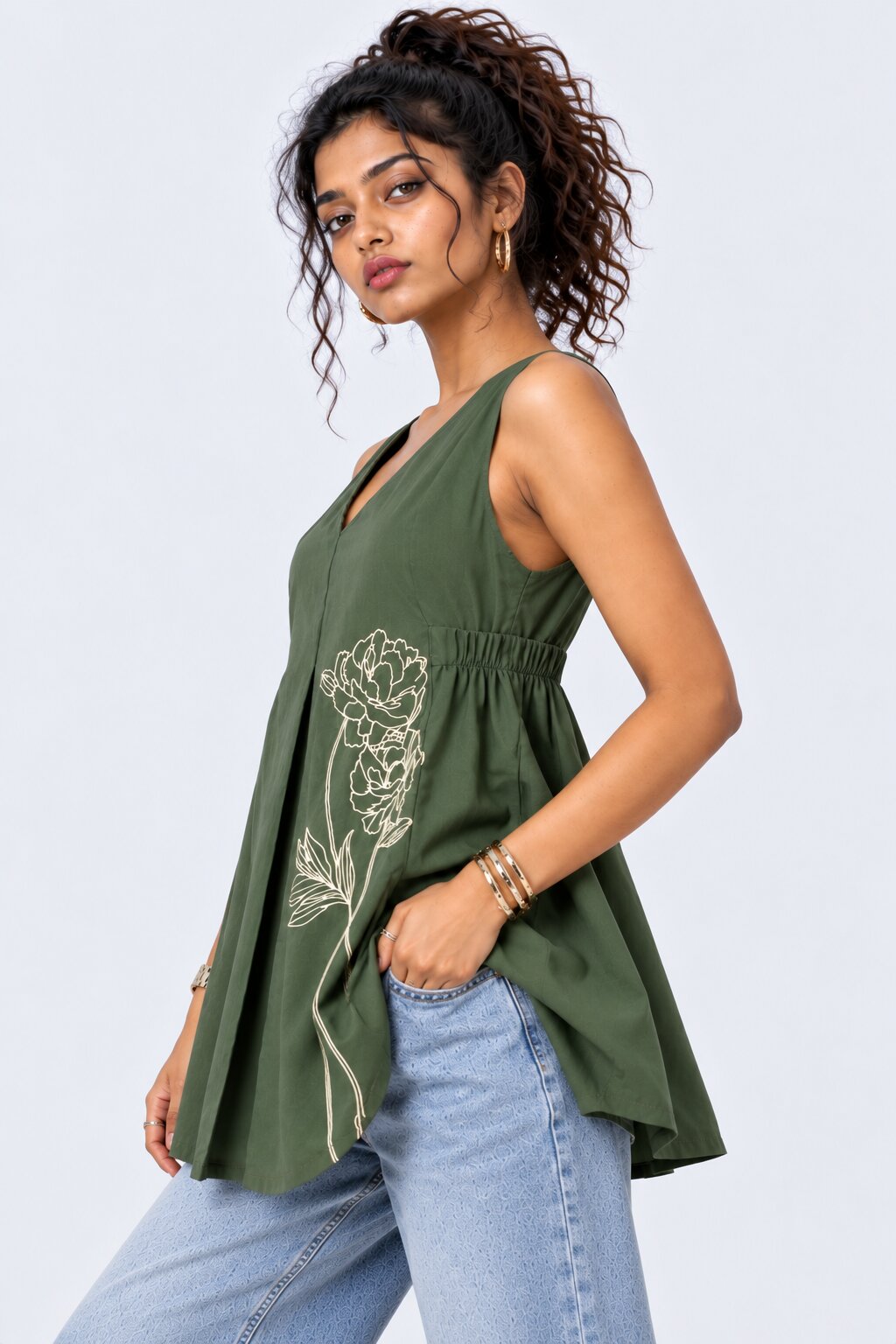 Womens Olive Floral Print Sleeveless Tunic - Image 4