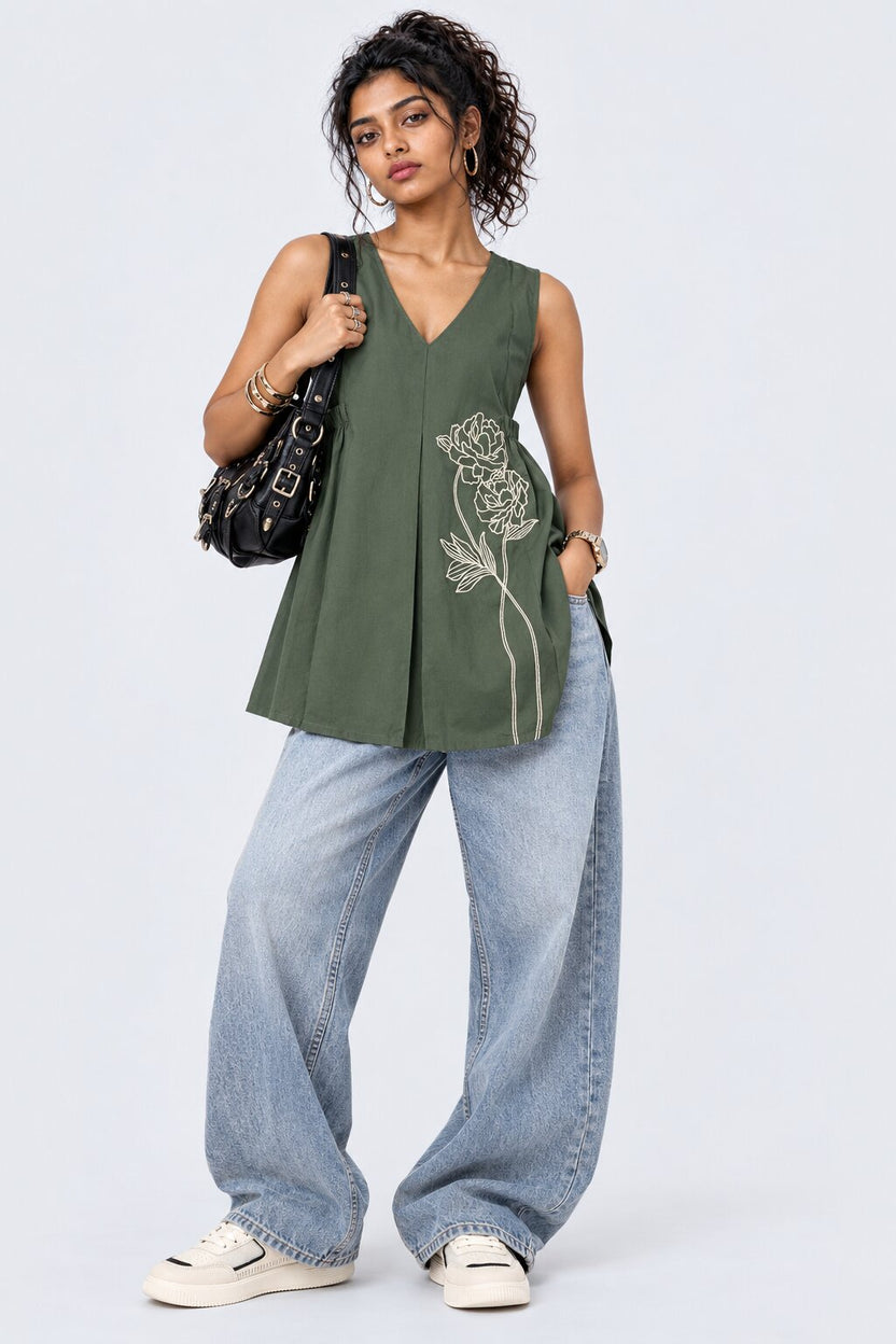 Womens Olive Floral Print Sleeveless Tunic - Image 6