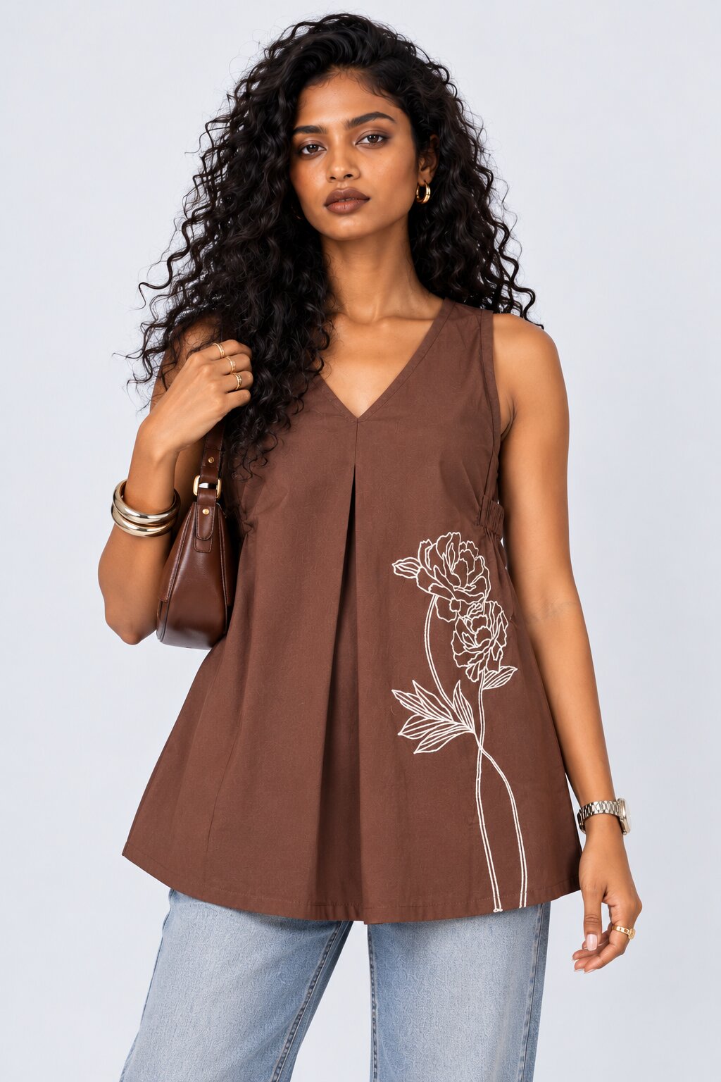 Womens Brown Floral Print Sleeveless Tunic - Image 1