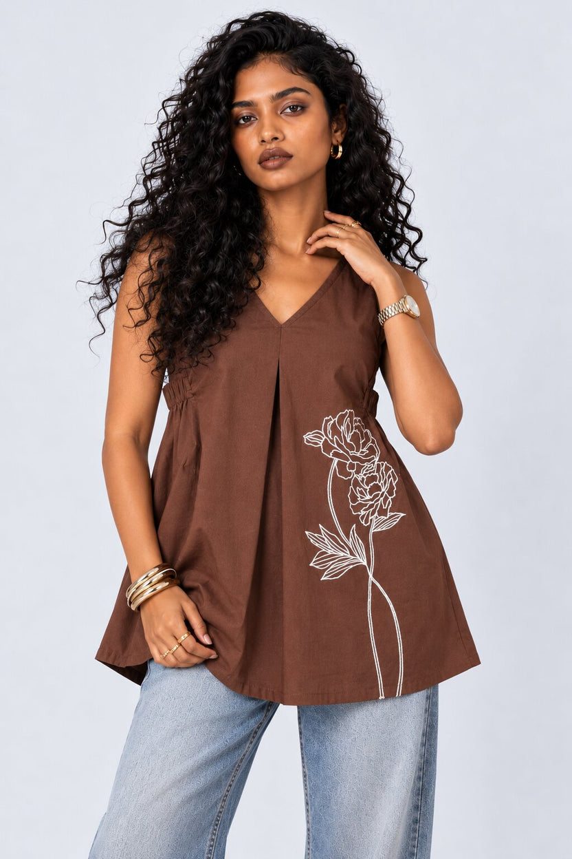 Womens Brown Floral Print Sleeveless Tunic - Image 2