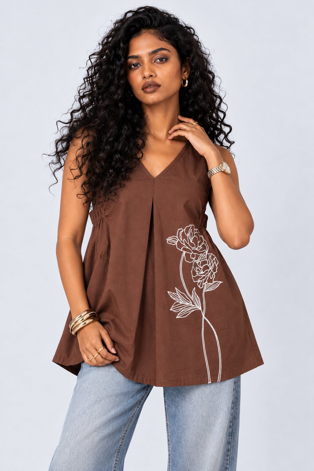 Womens Brown Floral Print Sleeveless Tunic - Image 2