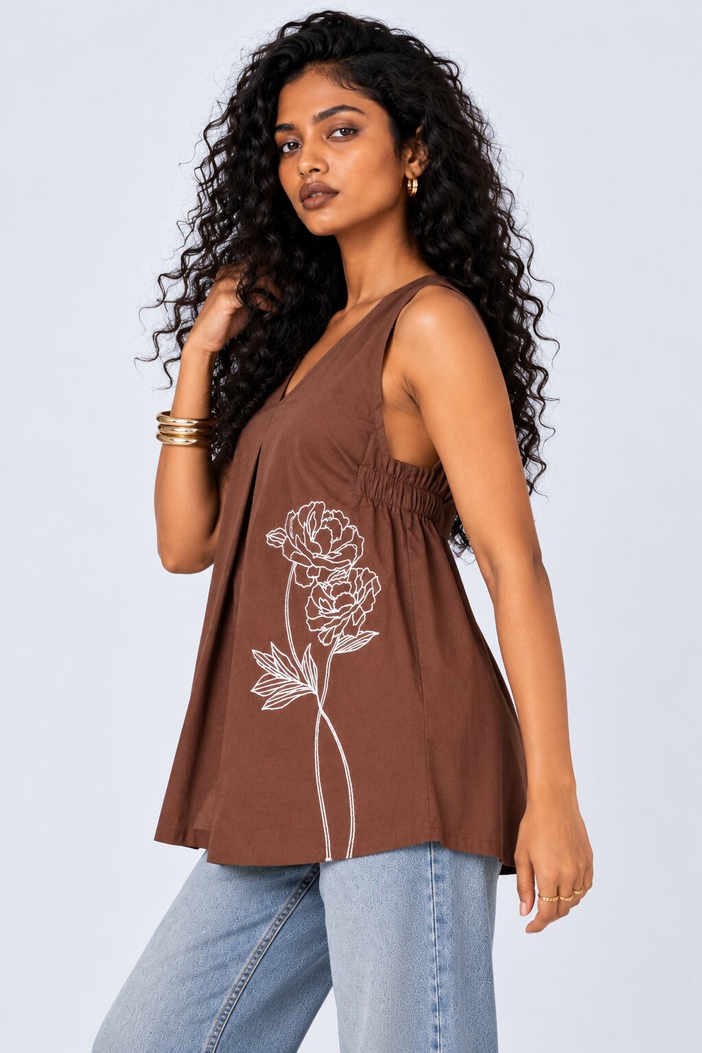 Womens Brown Floral Print Sleeveless Tunic - Image 4
