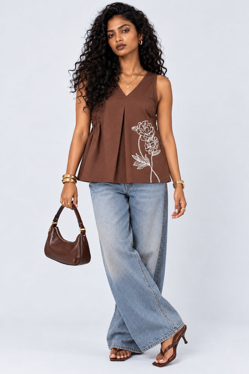 Womens Brown Floral Print Sleeveless Tunic - Image 6
