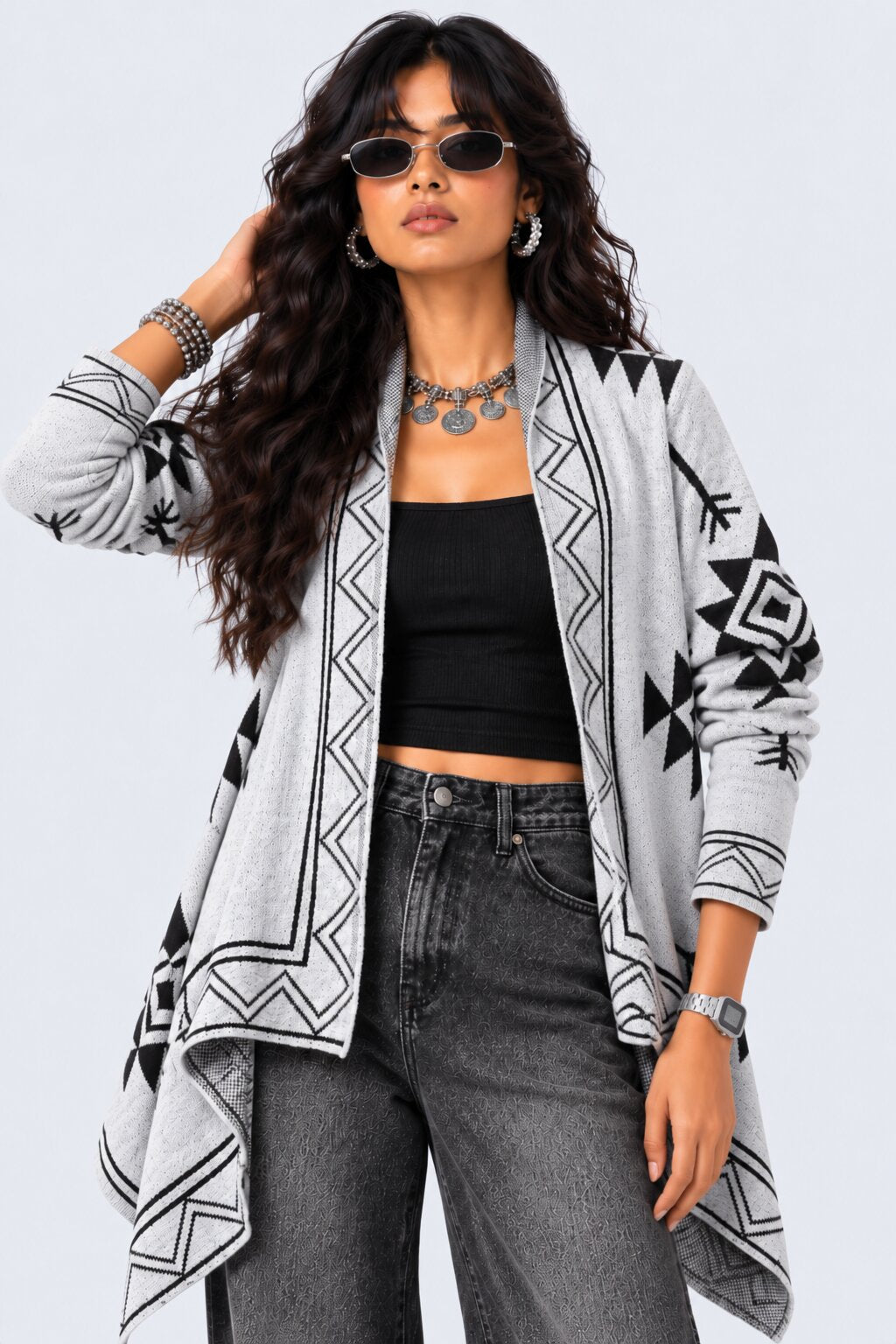 Womens Grey Geometric Print Waterfall Shrug - Image 1
