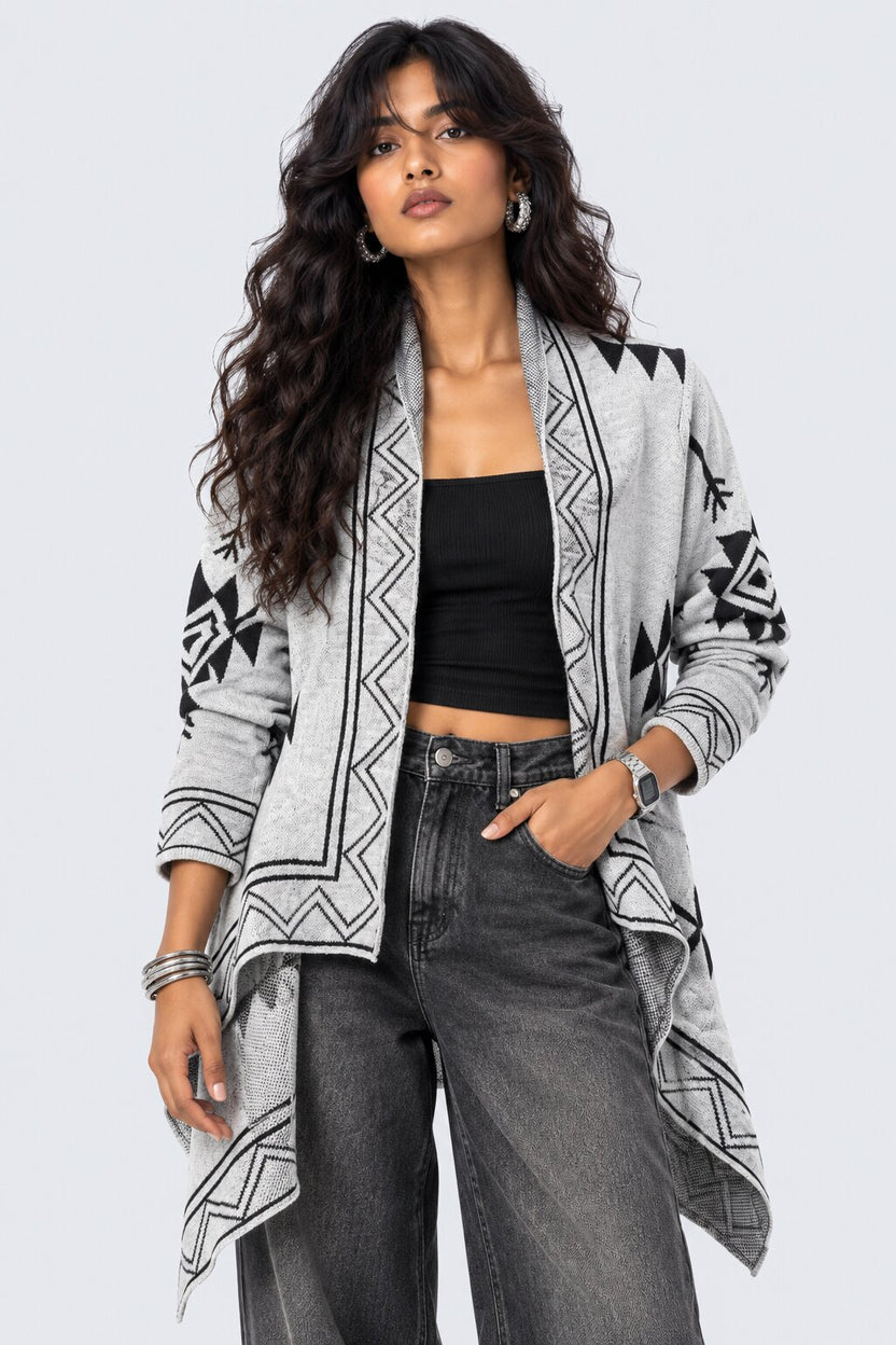 Womens Grey Geometric Print Waterfall Shrug - Image 2
