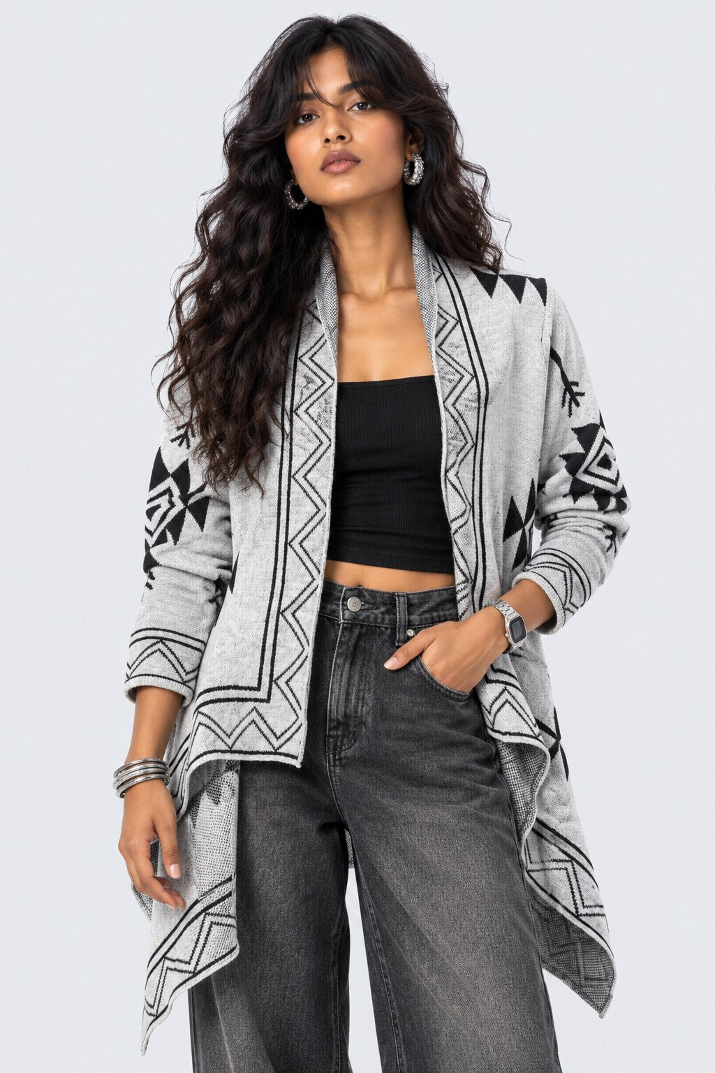 Womens Grey Geometric Print Waterfall Shrug - Image 2