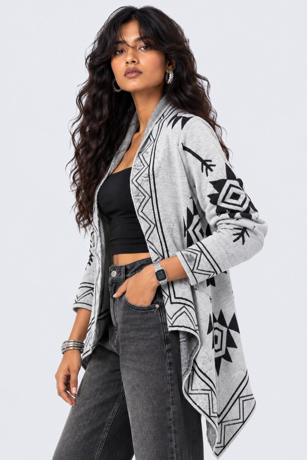 Womens Grey Geometric Print Waterfall Shrug - Image 4
