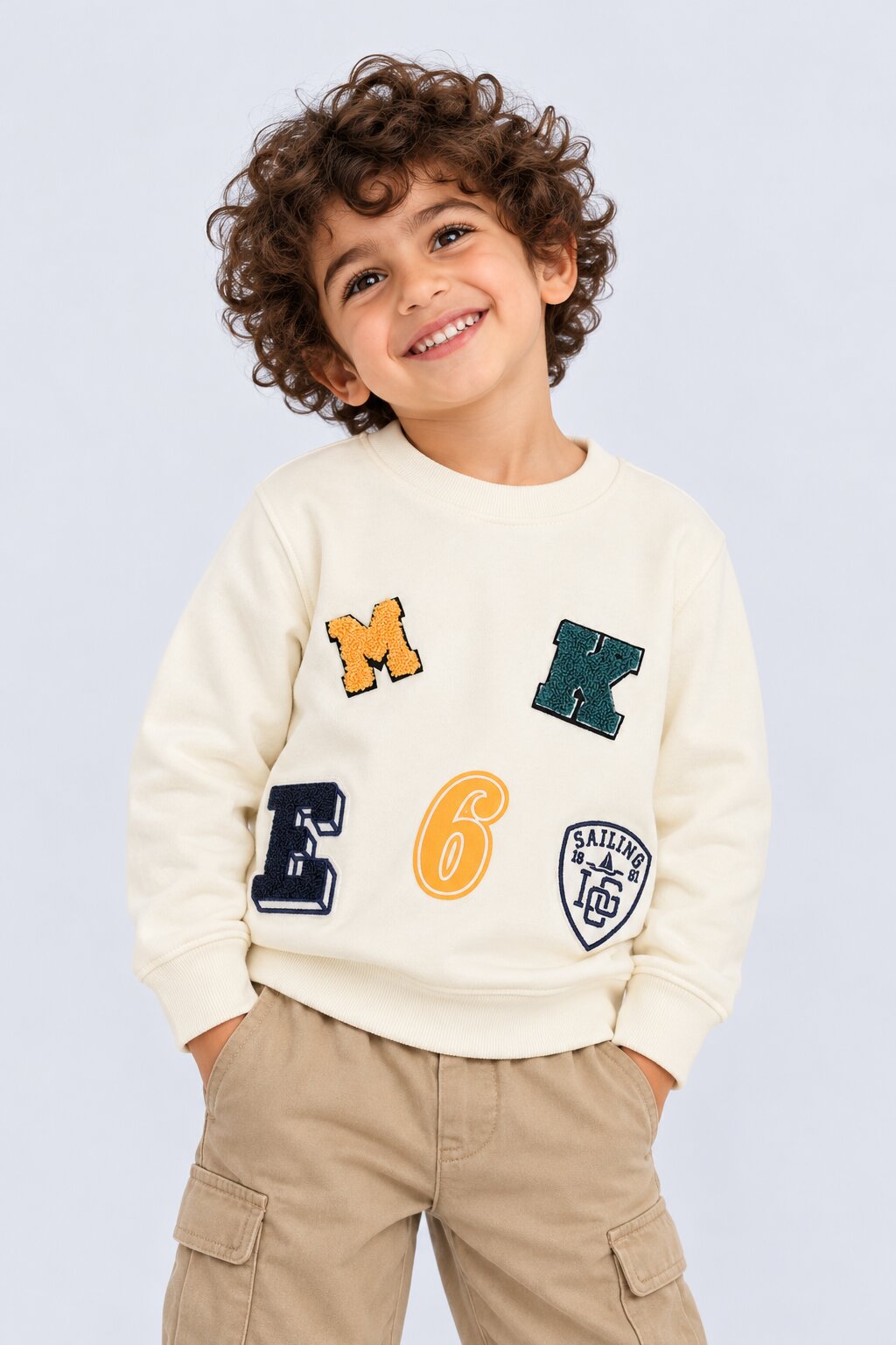Boys Off White Patchwork Sweatshirt - Image 1